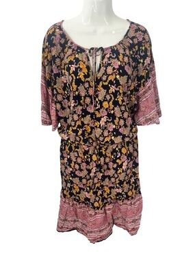 Rusttydustty Boho Floral Paisley Mini Dress 3XL Plus Size Viscose V-Neck Tie